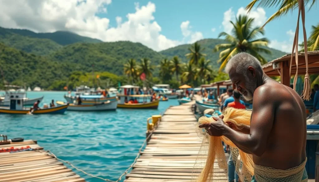 A seaside fishing village on the lush, verdant island of Petite Martinique, Grenada. Sun-dappled wooden docks stretch into the azure Caribbean waters, where colorful fishing boats bob gently. In the foreground, local fishermen expertly mend their nets, their weathered faces etched with the wisdom of generations. The middle ground reveals a bustling marketplace, bursting with the vibrant hues of freshly caught seafood. In the background, palm trees sway in the gentle breeze, framing a backdrop of rolling green hills. The scene is imbued with a sense of timelessness, capturing the essence of Petite Martinique's authentic, enduring fishing culture.