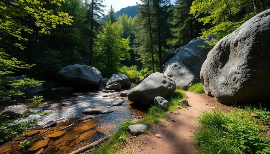 A secluded clearing in the Adirondacks, sunlight filtering through the verdant foliage. A crystal-clear stream meanders lazily, its gentle waters reflecting the surrounding mountains. Massive granite boulders stand sentinel, weathered by time. A well-worn trail leads deeper into the forest, inviting exploration of this hidden gem. The scene exudes a sense of tranquility and a connection to the unspoiled natural world. Capture this serene Adirondack landscape in a wide-angle photograph, using a medium depth of field to maintain focus on the foreground and background elements. Lighting should be natural, with soft, diffuse illumination casting long shadows. Convey the peaceful, contemplative atmosphere of this secret spot.