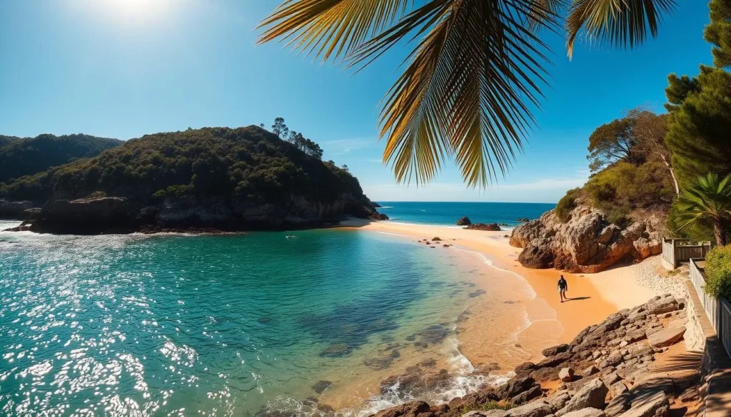 A secluded cove along Manly's rugged coastline, sun-dappled waves lapping against a crescent of golden sand. Lush, verdant headlands frame the tranquil scene, their rocky slopes dotted with native flora. Beams of warm afternoon light filter through swaying palm fronds, casting a soft, inviting glow over the hidden haven. A lone figure strolls along the water's edge, enjoying the peaceful solitude of this picturesque, off-the-beaten-path gem. Captured through the lens of a wide-angle camera, the image conveys the serene beauty and unspoiled charm of Manly's secret beaches.