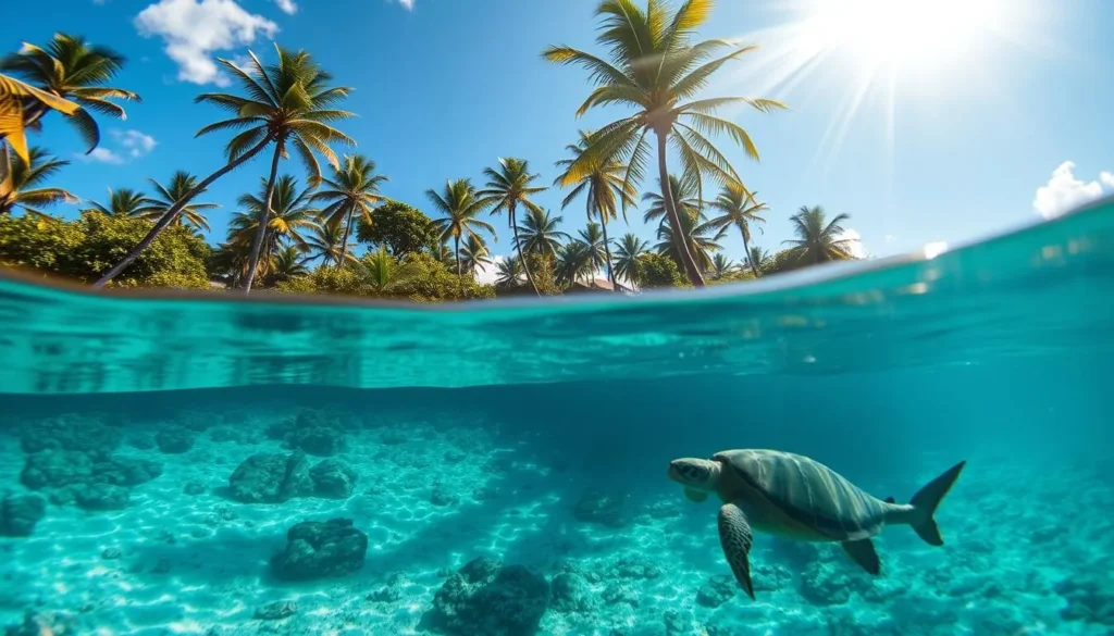 A secluded cove on a tropical island, lush palm trees swaying in the gentle breeze. In the crystal-clear waters, a curious sea turtle glides effortlessly, while a majestic shark circles nearby, its sleek form casting a shadow across the seabed. Beams of warm sunlight filter through the surface, creating a mesmerizing play of light and shadow. The scene exudes a sense of tranquility and natural harmony, inviting the viewer to explore this hidden gem, away from the bustling crowds. Capture this serene, off-the-beaten-path oasis with a wide-angle lens, showcasing the breathtaking underwater scenery and the lush, verdant surroundings.