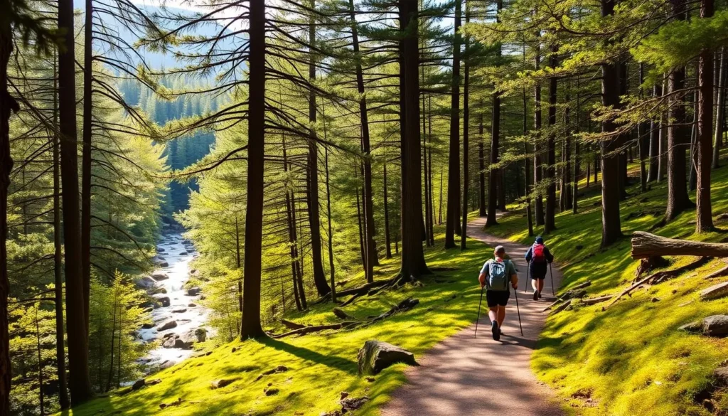 A serene Adirondack hiking trail winds through a lush, verdant forest. Towering pine and hemlock trees provide a shaded canopy, casting warm, dappled light upon the mossy ground below. In the distance, a babbling brook cuts through the landscape, its gentle sounds echoing through the peaceful scene. Hikers traverse the well-maintained path, their packs and hiking poles suggesting a day's adventure in this picturesque mountain wilderness. The overall atmosphere is one of tranquility and natural splendor, inviting the viewer to imagine the sights, sounds, and sensations of an Adirondack hiking excursion.