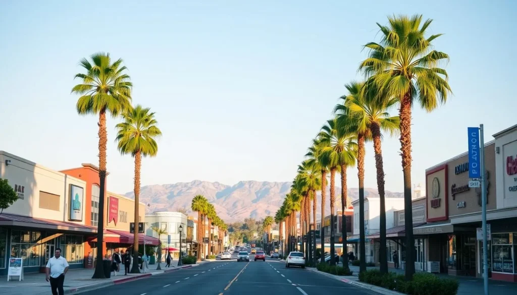 A serene Fresno cityscape on a sunny afternoon, with the iconic Palm Tree-lined Fulton Street in the foreground leading towards the distant, majestic Sierra Nevada mountains. The scene captures the easygoing vibe of this Central California city, with people strolling along the sidewalks, enjoying the warm weather and vibrant local shops and restaurants. The lighting is soft and diffused, creating a welcoming atmosphere. The composition emphasizes the harmony between the urban environment and the natural landscape beyond, showcasing Fresno's unique character as a gateway to outdoor adventures.