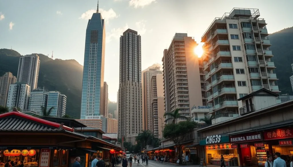 A serene Hong Kong cityscape on a pleasant day, with towering skyscrapers and lush green hills in the background. In the foreground, bustling streets lined with traditional markets, neon-lit shops, and busy pedestrians. Warm, golden sunlight filters through the high-rise buildings, casting a cozy glow over the scene. Captured with a wide-angle lens to showcase the dynamic interplay of modern architecture and timeless cultural elements, creating a harmonious, inviting atmosphere that reflects the charm and vibrancy of this iconic Asian metropolis.