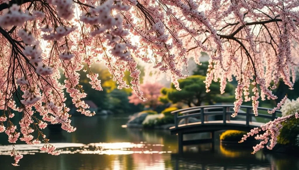 A serene Japanese garden in springtime, with a lush canopy of delicate pink cherry blossoms cascading over a tranquil pond. The soft, diffused natural lighting casts a warm, golden glow, accentuating the vibrant petals and their graceful, swaying movements. In the foreground, a wooden bridge arches over the still waters, inviting viewers to pause and immerse themselves in the breathtaking scenery. The middle ground features a blend of verdant foliage and the delicate blooms, while the background is subtly obscured, creating a sense of depth and serenity. The overall atmosphere evokes a feeling of peaceful contemplation, capturing the essence of Japan's natural beauty and the captivating charm of the cherry blossom season.