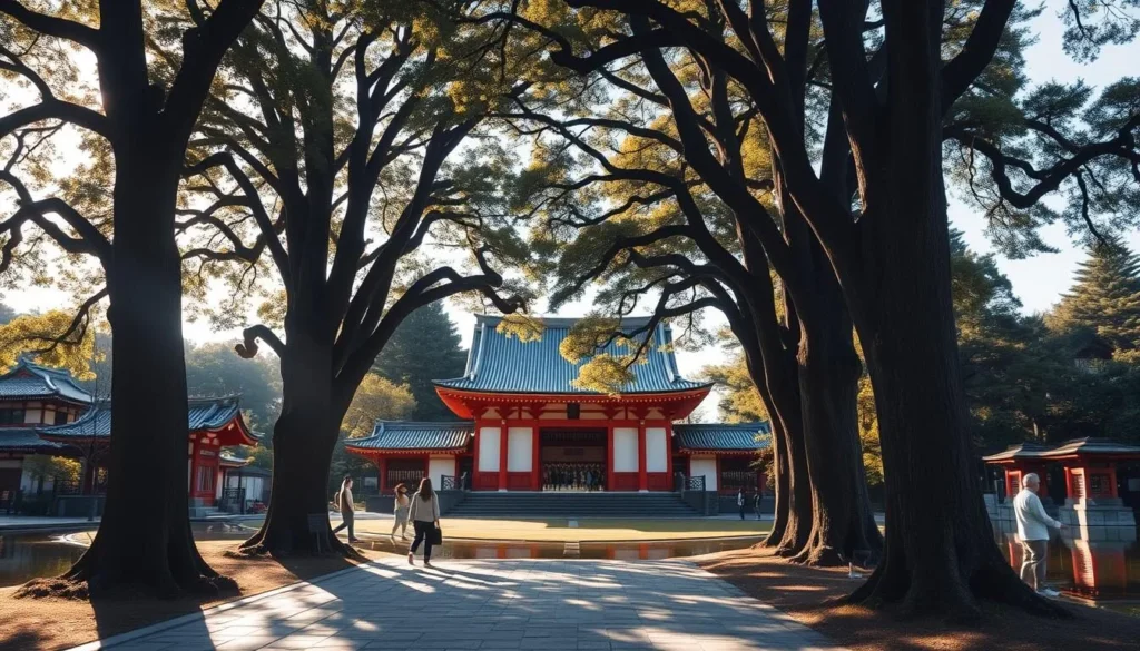 A serene Japanese shrine nestled in the heart of Kōtō-ku, Tokyo. The majestic Tomioka Hachiman Shrine stands proudly, its ornate architecture and vibrant vermilion torii gate reflecting in the tranquil pond. Tall, ancient trees frame the scene, casting gentle shadows on the grounds. Visitors stroll along the stone path, immersed in the peaceful atmosphere. Warm sunlight filters through the leaves, creating a captivating play of light and shadow. The shrine's elegant design and harmonious integration with the natural landscape evoke a profound sense of cultural heritage and spiritual connection.