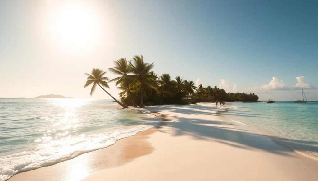 A serene Kiribati beach under a warm, golden sun. Crystal-clear turquoise waters lap against fine, powdery white sand. Swaying palm trees line the shore, casting gentle shadows. In the distance, a picturesque silhouette of a small, traditional island village. A few beachgoers stroll along the water's edge, enjoying the tranquil paradise. Capture the natural beauty and peaceful atmosphere of this tropical island getaway, with a focus on the stunning coastline and its inviting, laidback ambiance.