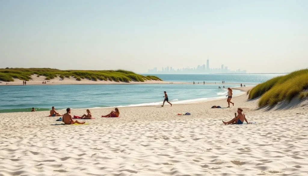 A serene Lake Michigan beach on a sunny summer day. In the foreground, soft white sand and gently lapping waves caress the shore. Beachgoers relax on colorful towels, children build sandcastles, and joggers run along the water's edge. In the middle ground, tall grasses and dunes frame the scene, their verdant greens contrasting with the tranquil blue of the lake. The background features the distant Chicago skyline, its iconic skyscrapers silhouetted against a bright, hazy sky. Warm natural lighting filters through, casting a golden glow over the entire landscape and creating a tranquil, inviting atmosphere perfect for seasonal activities and relaxation.