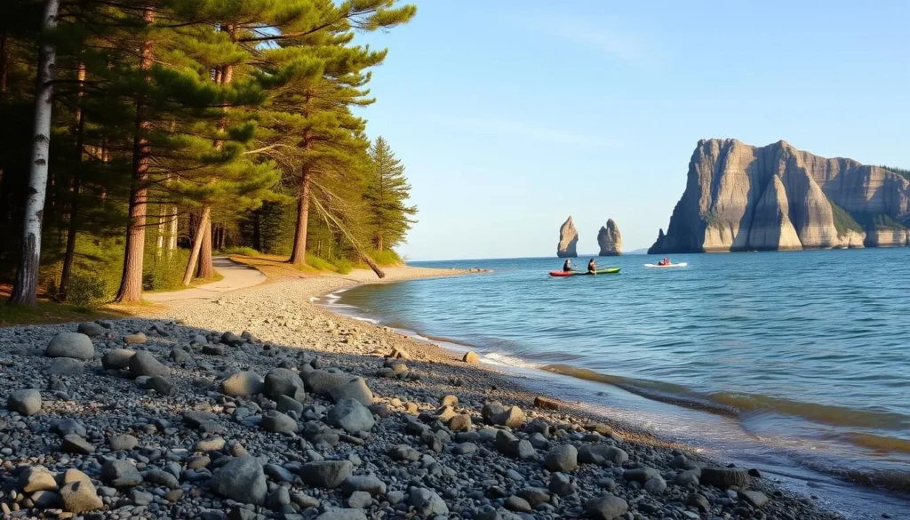 A serene Lake Superior shoreline on a sunny day, with gently lapping waves caressing the smooth, weathered rocks and pebbles along the beach. In the foreground, tall pine and birch trees create a lush, verdant canopy, casting soft, dappled shadows across the scene. The middle ground features a winding hiking trail leading towards a picturesque cove, where kayakers and paddleboarders glide across the tranquil, azure waters. In the distance, the rugged, towering cliffs of the Apostle Islands rise up, their layers of sedimentary rock forming a dramatic, natural backdrop to this idyllic lakeside setting. The lighting is warm and golden, evoking a sense of peaceful, outdoor adventure.