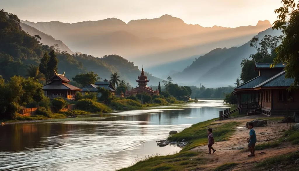 A serene Laotian landscape bathed in warm, golden sunlight. In the foreground, a tranquil river winds its way through lush, verdant foliage. Towering, mist-shrouded mountains rise majestically in the distance, their peaks capped with a dusting of snow. Traditional wooden houses and temples dot the riverbanks, their intricate architecture and vibrant colors reflecting in the still waters. Barefoot children play along the river's edge, their laughter echoing through the air. A sense of timeless, unhurried charm pervades the scene, inviting the viewer to slow down and immerse themselves in the captivating allure of Laos.
