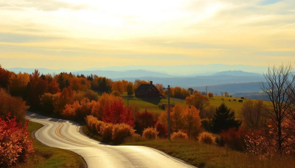 A serene New England landscape, bathed in warm golden sunlight filtering through wispy clouds. In the foreground, a winding country road flanked by rows of vibrant fall foliage - crimson maples, golden oaks, and amber birches. In the middle distance, a quaint colonial-style farmhouse with a red barn, nestled amidst rolling hills dotted with grazing livestock. The background reveals a hazy horizon, where distant blue mountains rise majestically against a clear azure sky. Capture the tranquil essence of Massachusetts' natural beauty, blending history and landscape in a picturesque scene.