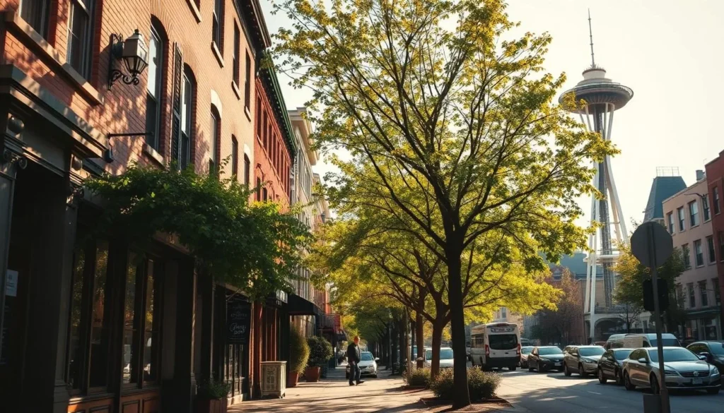 A serene Seattle street, lined with quaint, historic brick buildings, their facades adorned with ornate details. In the foreground, a hidden gem café nestled between the structures, its charming storefront beckoning passersby to step inside and savor the aroma of freshly brewed coffee. The midground features lush, verdant trees casting dappled shadows on the sun-dappled sidewalk, while the background showcases the iconic silhouette of the Space Needle, its sleek, futuristic design a striking contrast to the cozy, neighborhood ambiance. The scene is bathed in warm, golden afternoon light, conveying a sense of tranquility and discovery.