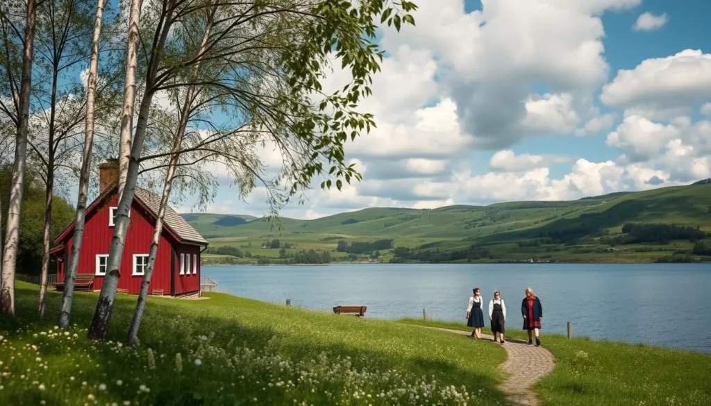 A serene Swedish countryside scene with a quaint red-painted wooden cottage nestled amid rolling green hills. In the foreground, a tranquil lake reflects the azure sky and fluffy white clouds. Birch trees sway gently in a soft breeze, their delicate leaves casting dappled shadows on the lush, flower-dotted meadow. In the middle ground, a group of people in traditional Scandinavian attire stroll along a winding cobblestone path, immersed in the region's timeless charm. The overall mood is one of enchanting, timeless elegance, captured through natural lighting and a close, intimate camera angle.