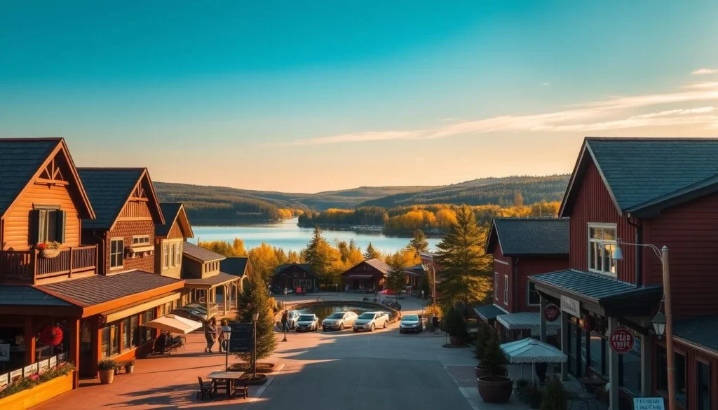 A serene Swedish-inspired town nestled in the heart of Minnesota, Lindstrom showcases its heritage with charming wooden buildings, a picturesque lake, and a lively town square. In the foreground, quaint shops and cafes line the streets, their facades adorned with traditional Scandinavian design elements. In the middle ground, a tranquil lake reflects the surrounding buildings and the clear blue sky above. In the background, rolling hills and lush forests create a peaceful, idyllic setting. Warm, golden sunlight filters through, casting a cozy, inviting glow over the entire scene. The overall mood is one of rustic elegance and small-town serenity, capturing the essence of Lindstrom's Swedish heritage.