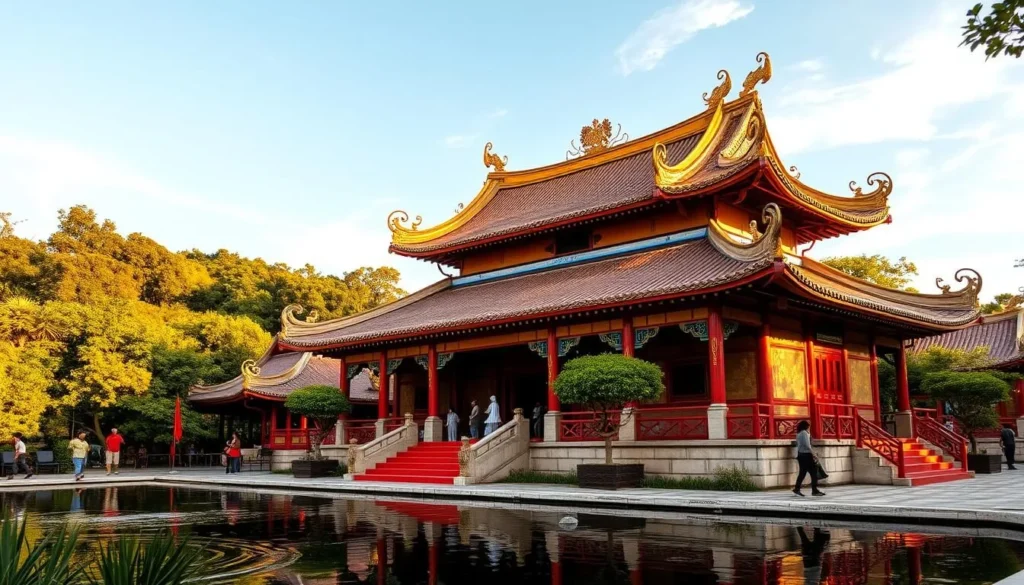A serene Taoist temple nestled amidst lush greenery, its intricate roofs and ornate facades bathed in warm, golden sunlight. The ornamental dragon motifs and vibrant red accents stand in striking contrast against the azure sky. In the foreground, a tranquil pond reflects the temple's elegant architecture, while incense-carrying worshippers move with reverence through the peaceful courtyard. The scene exudes a sense of timeless spirituality and cultural heritage, capturing the essence of Cebu's rich tapestry of beliefs and traditions.