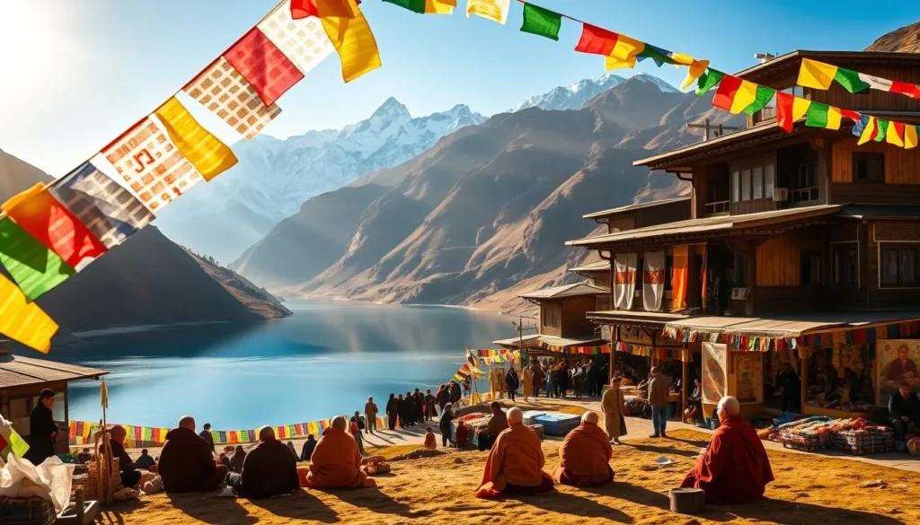 A serene Tibetan village nestled in the shadow of the Himalayas, bathed in warm, golden sunlight. In the foreground, vibrant prayer flags flutter in the gentle breeze, their colors symbolizing the five elements. A group of Tibetan elders, draped in traditional robes, sit cross-legged, deep in meditation. In the middle ground, colorful markets bustle with activity as locals and visitors alike peruse stalls filled with handcrafted textiles, thangka paintings, and fragrant spices. In the background, majestic snow-capped peaks rise, mirrored in the tranquil waters of a pristine lake. An atmosphere of serenity and timelessness pervades the scene, inviting the viewer to immerse themselves in the rich cultural heritage of Tibet.