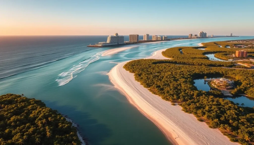A serene aerial view of Marco Island, Florida, showcasing its stunning natural beauty. The warm, golden sun casts a gentle glow over the pristine, white-sand beaches that hug the turquoise waters of the Gulf of Mexico. In the foreground, lush, verdant mangroves line the tranquil canals, while in the distance, the iconic high-rise condominiums and resorts dot the horizon. The scene exudes a sense of relaxation and harmony, inviting the viewer to immerse themselves in the island's laid-back, tropical atmosphere.