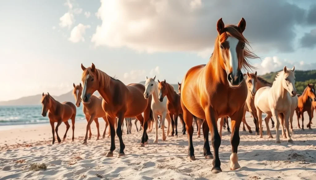 A serene afternoon on the unspoiled beaches of Vieques Island, Puerto Rico. A herd of majestic wild horses roam freely, their chestnut and white coats shimmering in the soft, golden sunlight. The horses graze peacefully, their manes flowing in the gentle ocean breeze. In the background, lush green hills and azure skies create a picturesque, idyllic setting. Capture the tranquility and natural beauty of this unique Caribbean island through a lens with a wide, sweeping view that showcases the harmonious coexistence of the wild horses and their pristine island habitat.