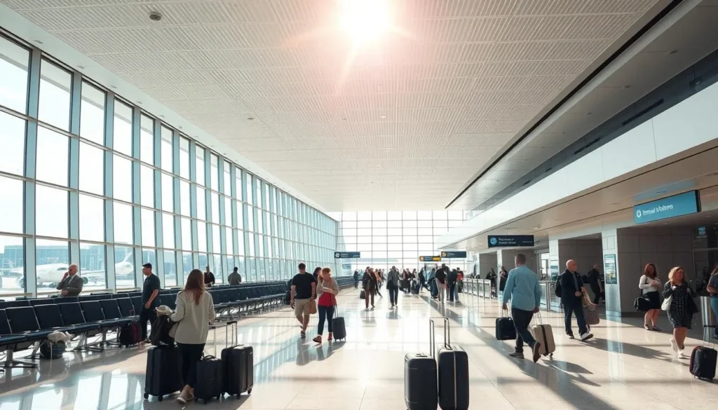 A serene airport departure lounge, sunlight streaming through large windows, travelers calmly navigating security checkpoints and awaiting their flights. Sleek, modern architecture with minimalist design elements. Suitcases and carry-on bags are neatly arranged, passengers perusing travel guides or checking their phones. Tasteful signage and wayfinding cues guide the flow of foot traffic. The atmosphere is one of efficiency, safety, and preparedness, conveying the notion of a smooth, stress-free travel experience.
