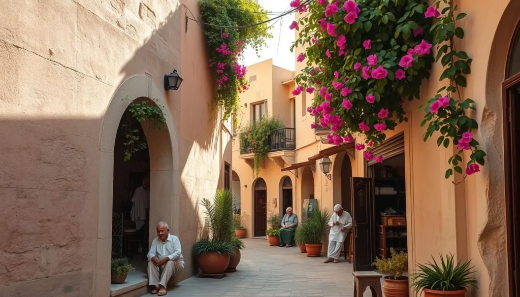 A serene alleyway in the historic heart of Al Khobar, Saudi Arabia, bathed in warm afternoon sunlight. Weathered stone walls and archways frame a picturesque scene of local residents going about their daily lives - a child playing, elders sipping tea, and shopkeepers tending to their quaint stores. Lush potted plants and vibrant bougainvillea cascading from balconies add pops of color, creating an inviting, authentic atmosphere. Capture the charm and character of this hidden gem, off the beaten path, where the rhythm of traditional life persists amidst the modern city.