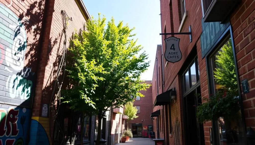 A serene alleyway nestled in the heart of Cedar Rapids, lined with vibrant murals and hidden cafes. Sunlight filters through lush greenery, casting a warm glow on the weathered brick walls. In the distance, a quaint shop sign sways gently, inviting passersby to explore the city's charming, off-the-beaten-path treasures. The scene captures the city's blend of urban grit and small-town warmth, a testament to the hidden gems that make Cedar Rapids a truly unique destination.