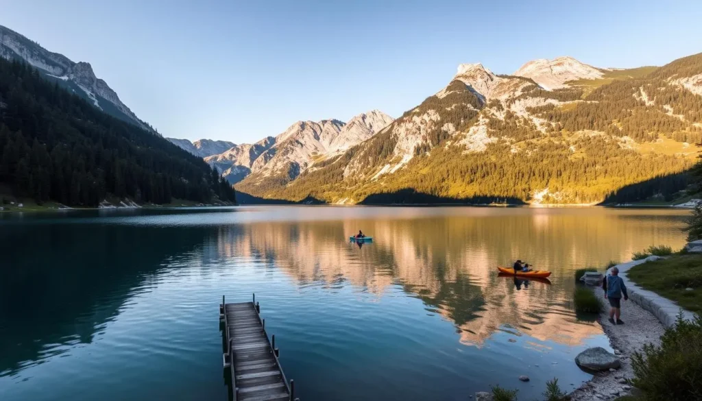 A serene alpine lake nestled in the rolling hills of the Pyrenees, Lac de la Cavayère shimmers under the warm afternoon sun. Towering pine-clad slopes rise up on all sides, their jagged peaks framing the tranquil waters. A small wooden pier extends into the lake, inviting visitors to dip their toes or cast a line. Kayaks and paddleboards glide across the surface, their gentle wake mirrored in the crystal-clear reflections. Hikers meander along the lakeshore trail, pausing to admire the breathtaking vistas. Soft, diffused lighting bathes the scene in a golden glow, creating an atmosphere of peace and serenity. This natural wonder, located just outside the historic city of Carcassonne, offers a perfect respite from the bustling urban landscape.