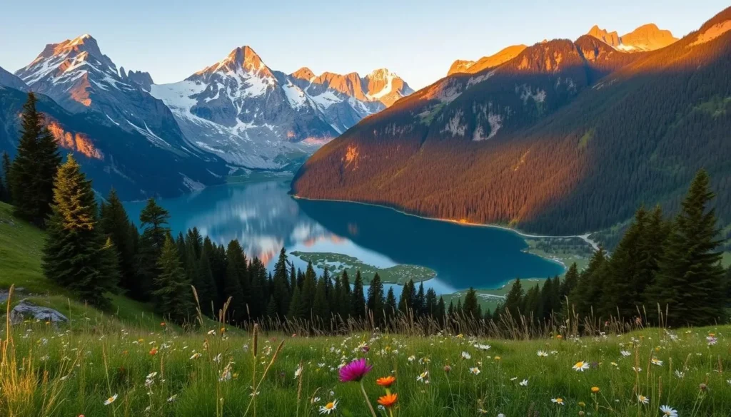 A serene alpine landscape in Triglav National Park, Slovenia. In the foreground, a lush, verdant meadow dotted with wildflowers sways gently in the breeze. In the middle ground, towering peaks of the Julian Alps rise majestically, their snow-capped summits glistening under the warm, golden sunlight. Pristine glacial lakes mirror the surrounding mountains, their azure waters reflecting the picturesque scene. In the background, dense forests cling to the slopes, creating a picturesque and tranquil atmosphere. Capture this natural wonder with a wide-angle lens, showcasing the park's breathtaking beauty and the serene harmony between earth, sky, and water.