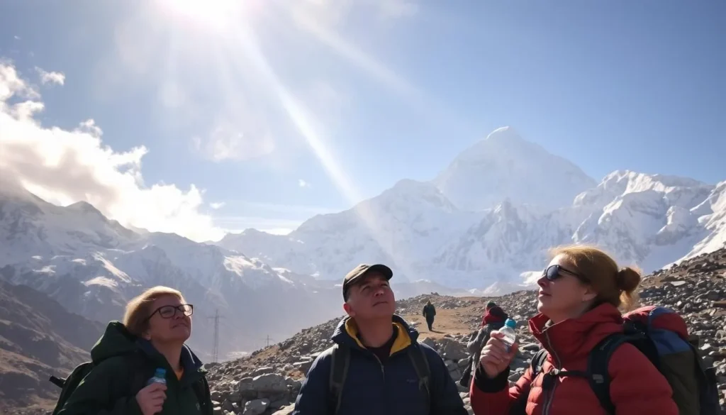 A serene alpine landscape with Everest Base Camp nestled amidst towering snow-capped peaks. In the foreground, hikers pause to rest, their faces flushed from the thin air, as they sip from water bottles and gaze upwards, awestruck by the majestic Himalayan vista. Shafts of warm golden light filter through wispy clouds, casting a soft glow over the scene. The middle ground features trekkers making their way along the winding, rocky trail, their pace slowed by the effects of high-altitude acclimatization. In the background, the hulking silhouette of Mount Everest looms, a reminder of the challenges and risks that come with pursuing this epic journey. An atmosphere of serene, contemplative adventure pervades the image.