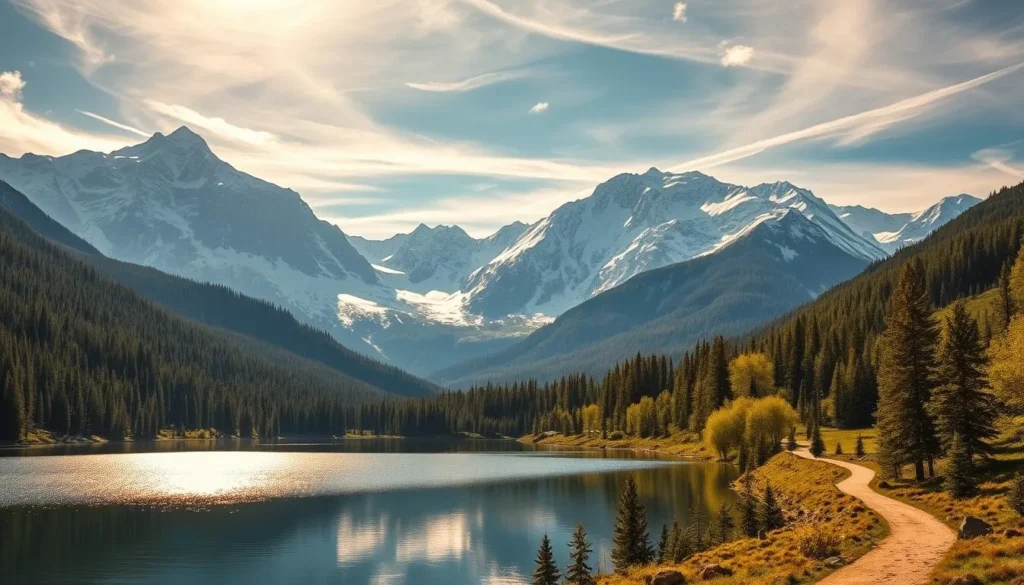 A serene alpine landscape with a majestic Aspen mountain range as the centerpiece. Towering peaks capped with pristine snow glisten under the warm, golden sunlight that filters through wispy, ethereal clouds. In the foreground, a tranquil lake reflects the stunning panorama, its crystalline waters shimmering with a mirror-like surface. Dense, verdant forests line the slopes, blanketing the terrain in a lush, verdant carpet. A winding, picturesque trail meanders through the idyllic scene, inviting viewers to explore this breathtaking mountain paradise. The overall atmosphere evokes a sense of peace, beauty, and the awe-inspiring power of nature.