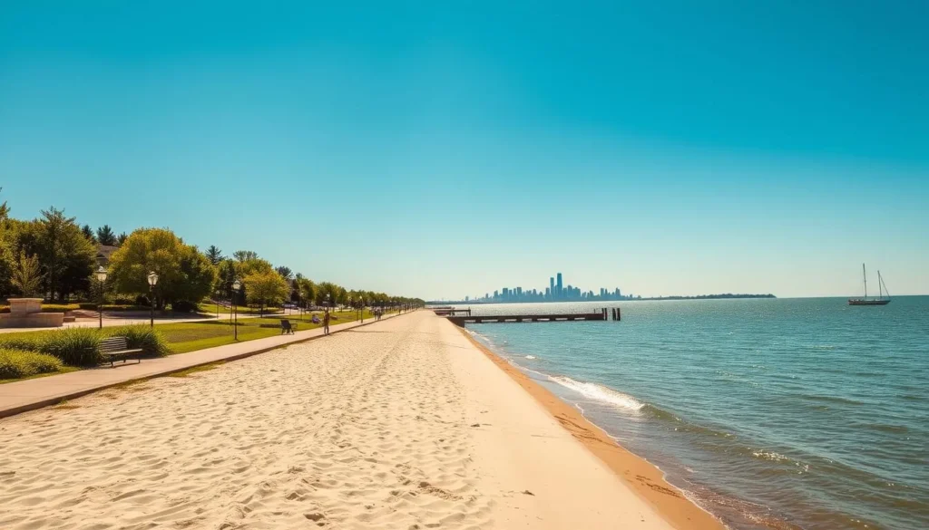 A serene and picturesque scene of Waukegan's captivating lakefront, captured on a bright and sunny day. In the foreground, a pristine sandy beach stretches out, inviting visitors to stroll along the water's edge. The middle ground features a well-maintained promenade, lined with lush greenery and benches, providing ample opportunities for leisurely walks and scenic viewpoints. In the background, the shimmering waters of Lake Michigan extend to the horizon, with the Chicago skyline visible in the distance, creating a stunning contrast between the urban and natural landscapes. The warm, golden light bathes the entire scene, evoking a sense of tranquility and relaxation.