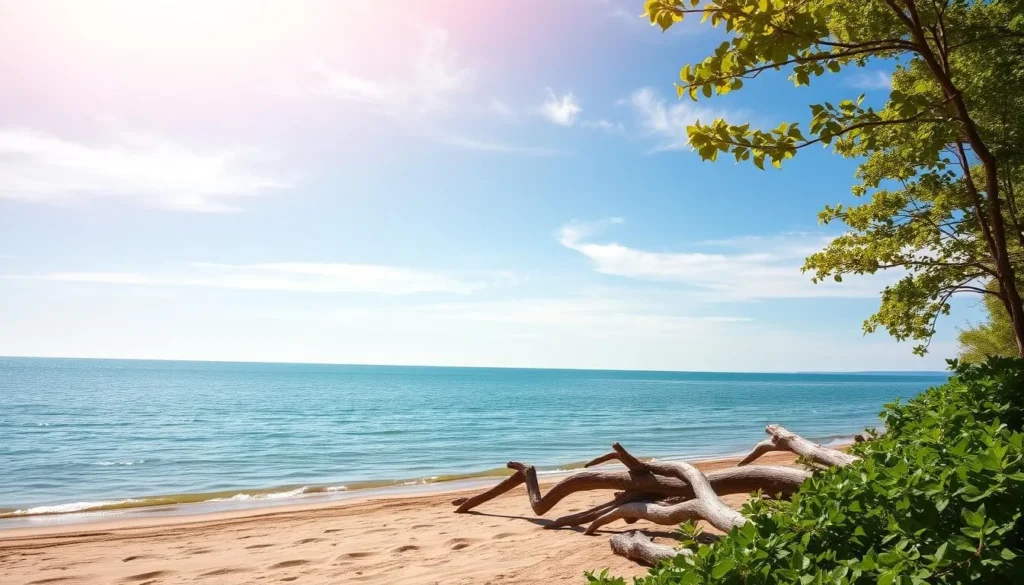 A serene and picturesque scene of the Lake Michigan shoreline in Wisconsin, with the tranquil waters of the lake gently lapping against the sandy beach. In the foreground, lush green foliage and weathered driftwood line the shore, creating a natural and untouched ambiance. The middle ground features a breathtaking panorama of the lake, with the horizon line blending seamlessly into the clear, blue sky. Warm, golden sunlight filters through wispy clouds, casting a soft, ethereal glow over the entire landscape. The overall mood is one of peace, solitude, and the beauty of the natural world.
