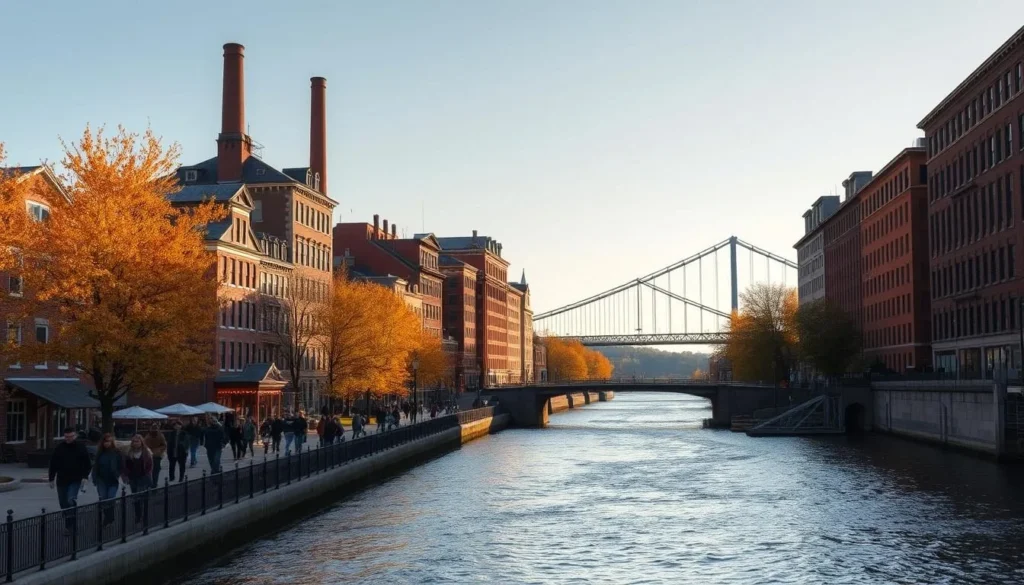 A serene autumn day in Fall River, Massachusetts. In the foreground, residents stroll along a charming riverside promenade, enjoying the crisp air and vibrant foliage. In the middle ground, historic mill buildings stand tall, their red-brick facades basking in warm, golden light. In the background, the majestic Braga Bridge arches gracefully over the sparkling waters of the Taunton River, connecting the city's past and present. The scene radiates a sense of community, history, and the natural beauty that defines the cultural fabric of this iconic New England town.