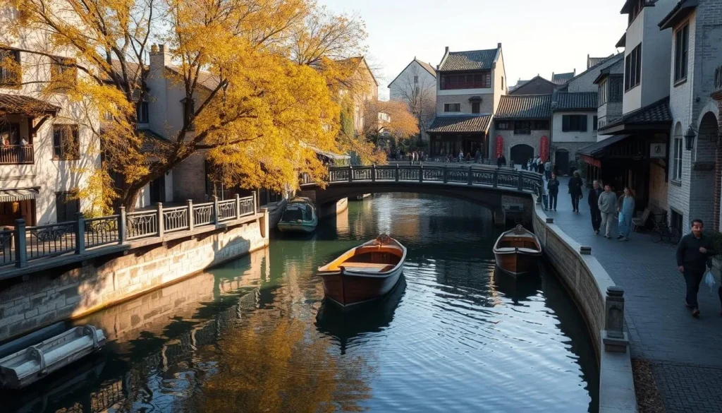 A serene autumn day in the historic water town of Zhujiajiao, China. Sunlight dapples the tranquil canals, illuminating the charming wooden bridges and traditional architecture. Elegant boats gently drift by, while locals and visitors stroll along the cobblestone paths, taking in the picturesque scenery. The scene exudes a timeless, nostalgic atmosphere, inviting you to step back in time and experience the town's rich cultural heritage. Capture the essence of this enchanting destination, showcasing the ideal conditions for a memorable visit.