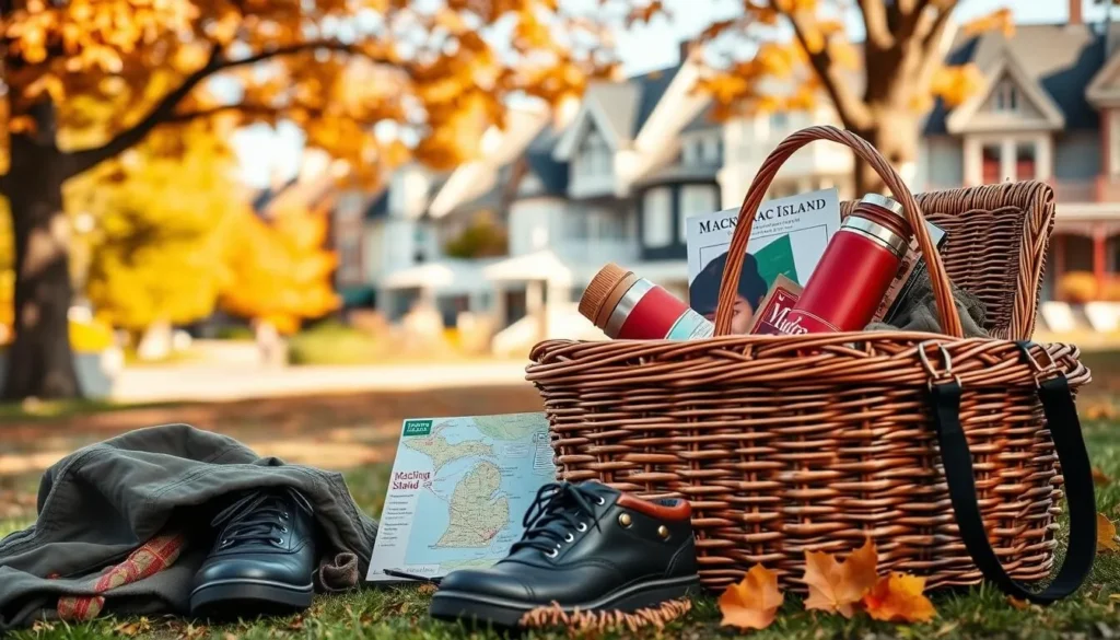 A serene autumn day on Mackinac Island, Michigan. In the foreground, a tasteful arrangement of seasonal essentials - a cozy sweater, rain jacket, comfortable walking shoes, and a map of the island's trails. The middle ground features a wicker picnic basket, filled with local snacks and a thermos of hot cider. In the background, the iconic Victorian-era architecture of the island's charming town, under a canopy of colorful foliage. Warm, natural lighting casts a soft, inviting glow. A 50mm lens captures the scene with a shallow depth of field, emphasizing the practical yet picturesque travel items. An atmosphere of tranquility and adventure, perfectly capturing the essence of a weather-savvy Mackinac Island getaway.