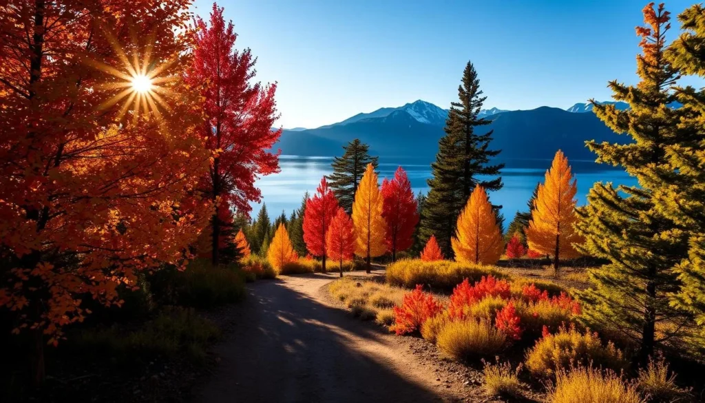 A serene autumn landscape in South Lake Tahoe, California. In the foreground, a winding dirt path leads through a vibrant forest, the trees ablaze with shades of red, orange, and gold. Sunlight filters through the leaves, casting a warm, ethereal glow. In the middle ground, a tranquil lake reflects the vibrant hues, creating a mirror-like effect. The background features rugged, snow-capped peaks, their majestic silhouettes contrasting with the colorful foliage. The scene evokes a sense of peaceful solitude, inviting the viewer to explore the hidden gems off the beaten path. A serene autumn landscape in South Lake Tahoe, California. In the foreground, a winding dirt path leads through a vibrant forest, the trees ablaze with shades of red, orange, and gold. Sunlight filters through the leaves, casting a warm, ethereal glow. In the middle ground, a tranquil lake reflects the vibrant hues, creating a mirror-like effect. The background features rugged, snow-capped peaks, their majestic silhouettes contrasting with the colorful foliage. The scene evokes a sense of peaceful solitude, inviting the viewer to explore the hidden gems off the beaten path.
