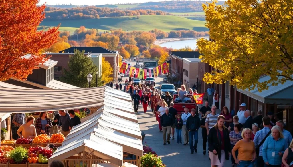 A serene autumn scene in Burlington, Iowa, showcasing the city's vibrant seasonal events. In the foreground, a bustling farmer's market overflows with local produce and artisanal crafts, bathed in warm, golden light. In the middle ground, a parade winds through historic downtown streets, colorful banners and costumed performers capturing the festive atmosphere. In the background, the lush, rolling hills and a glistening river frame the picturesque setting, hinting at the outdoor adventures and natural wonders that draw visitors year-round.