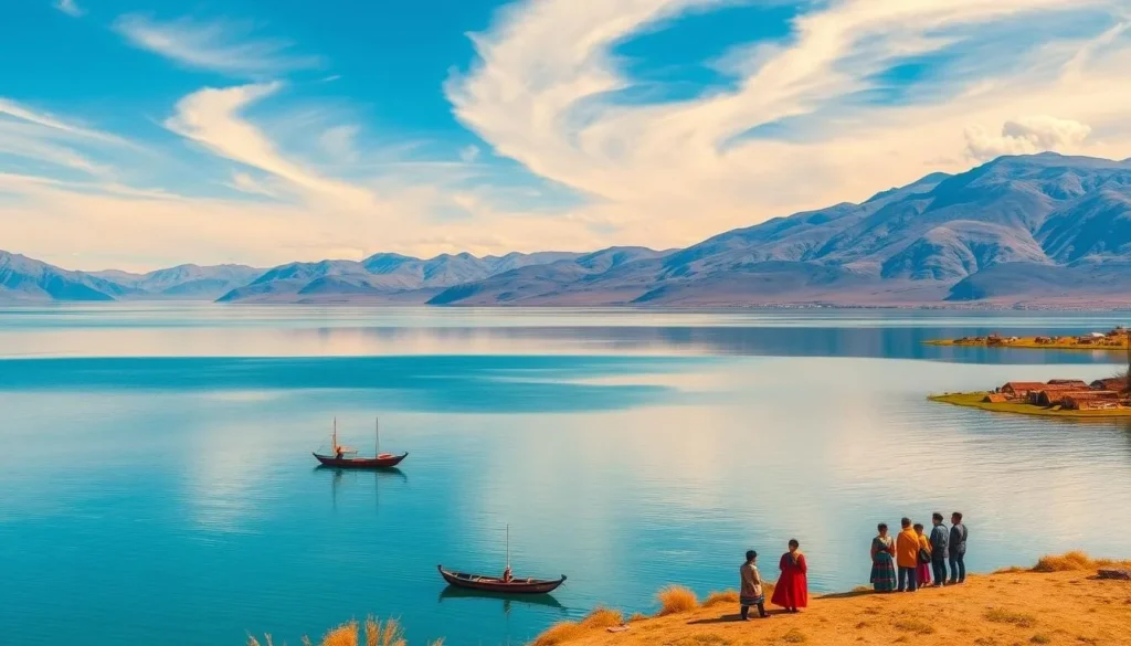 A serene, azure expanse of Lake Titicaca, the world's highest navigable lake, nestled amidst the majestic Andes mountains. Vibrant green shores dotted with traditional reed boats and quaint fishing villages reflect in the calm, crystalline waters. Wispy clouds drift across a warm, golden sky, casting gentle shadows over the scene. In the foreground, a group of local Aymara people engage in their daily activities, their colorful traditional dress adding to the cultural richness of the landscape. The overall atmosphere evokes a sense of tranquility and timelessness, inviting the viewer to immerse themselves in the enchanting world of this natural wonder.