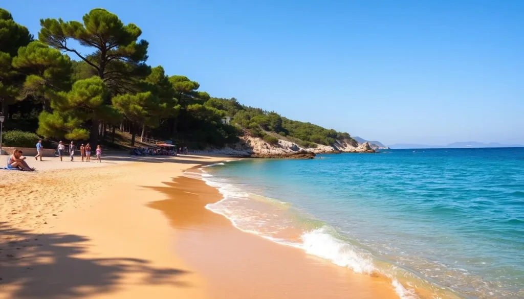 A serene beach along the picturesque coastline of Halkidiki, Greece. Warm sunlight gently caresses the golden sand, inviting visitors to bask in its tranquility. Turquoise waters of the Aegean Sea lap softly against the shore, their gentle rhythm soothing the senses. In the background, lush pine trees sway gracefully, creating a verdant and natural backdrop. Beachgoers stroll leisurely, enjoying the breathtaking scenery and the mild, Mediterranean climate. Capture the essence of Halkidiki's best season, where the beaches beckon with their irresistible charm. A serene beach along the picturesque coastline of Halkidiki, Greece. Warm sunlight gently caresses the golden sand, inviting visitors to bask in its tranquility. Turquoise waters of the Aegean Sea lap softly against the shore, their gentle rhythm soothing the senses. In the background, lush pine trees sway gracefully, creating a verdant and natural backdrop. Beachgoers stroll leisurely, enjoying the breathtaking scenery and the mild, Mediterranean climate. Capture the essence of Halkidiki's best season, where the beaches beckon with their irresistible charm.