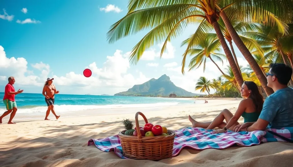 A serene beach on the island of Oahu, Hawaii, with soft golden sand and gentle waves lapping at the shore. In the foreground, a group of friends playfully tossing a frisbee, their laughter echoing in the warm, tropical air. In the middle ground, a picnic blanket is spread out, with a basket of local fruits and snacks, inviting visitors to enjoy a budget-friendly outdoor meal. In the background, lush palm trees sway in the breeze, framing the iconic Diamond Head crater, its majestic silhouette against a vibrant azure sky. The scene exudes a sense of relaxation and carefree island living, capturing the essence of Oahu's budget-friendly outdoor activities.