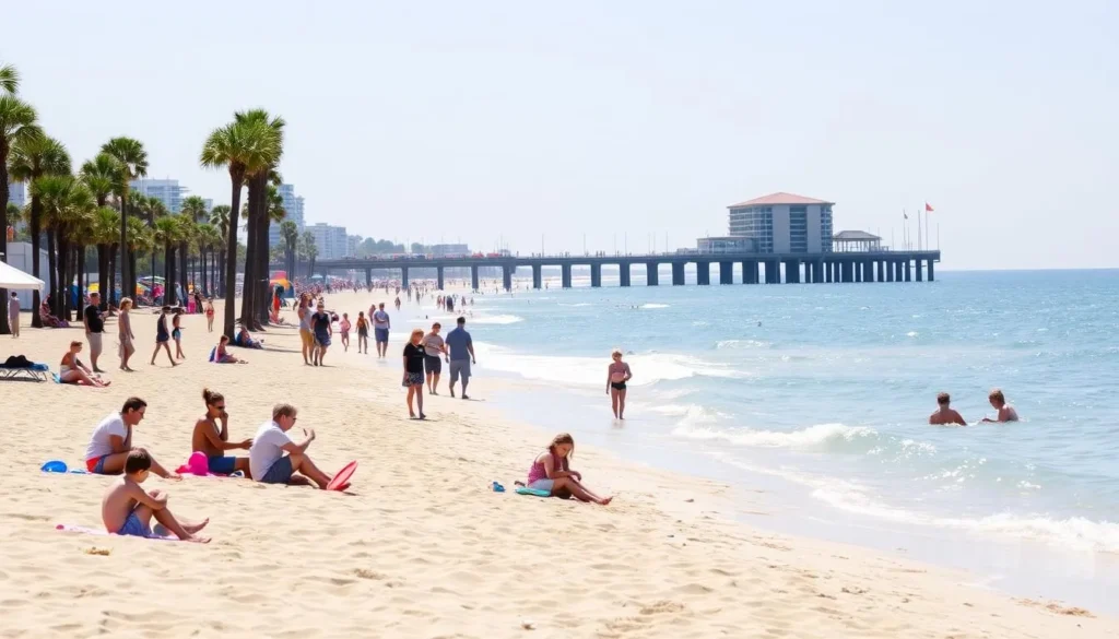 A serene beachfront scene in Myrtle Beach, South Carolina. In the foreground, families gather on the soft, golden sand, playing with frisbees and building sandcastles. The middle ground showcases the glistening azure waters of the Atlantic Ocean, with people wading and swimming. In the background, the iconic Myrtle Beach Boardwalk stretches out, lined with palm trees and bustling with pedestrians enjoying the warm, sunny day. The scene is bathed in a soft, natural light, creating a peaceful and inviting atmosphere perfect for a budget-friendly day of free activities.