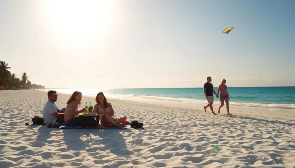 A serene beachfront setting on Boracay Island, Philippines. The sun's golden rays dance across the fine, powdery white sand, creating a warm and inviting atmosphere. In the foreground, a group of friends enjoy a picnic, sharing laughter and making memories. Nearby, a couple strolls hand-in-hand, taking in the stunning views of the turquoise waters and the distant silhouettes of swaying palm trees. In the background, a colorful kite soars high above, adding a playful touch to the scene. The overall mood is one of relaxation, adventure, and budget-friendly enjoyment, perfectly capturing the essence of Boracay's budget-friendly activities.