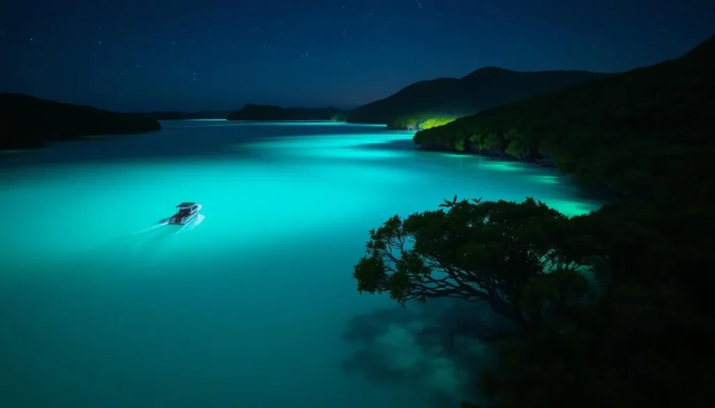 A serene, bioluminescent bay nestled in the lush tropical landscape of Vieques Island, Puerto Rico. The tranquil waters glow with a mesmerizing, ethereal blue-green light, reflecting the starry night sky above. In the foreground, a small boat glides across the luminous surface, its wake trailing a luminescent path. The middle ground features dense mangrove forests lining the shores, their twisted roots emerging from the glowing waters. In the background, rolling hills covered in verdant foliage fade into the distance, creating a sense of depth and natural harmony. Soft, diffused lighting illuminates the scene, capturing the serene and captivating atmosphere of this natural wonder.