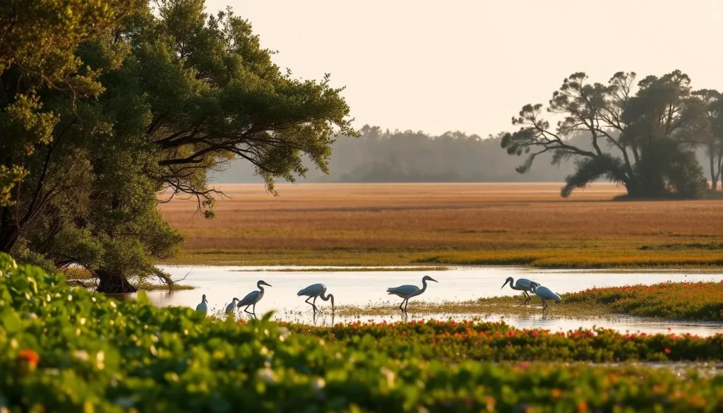 A serene bird-watching scene on Amelia Island, Florida. In the foreground, lush mangrove trees and dense foliage line the shores of a tranquil tidal creek. Wading birds, such as herons and egrets, stalk the shallow waters, their graceful movements captured in a crisp, telephoto lens shot. The middle ground features an open expanse of saltmarsh, dotted with patches of vibrant wildflowers. In the distance, the silhouettes of coastal pine trees frame the scene, their branches swaying gently in the warm, salty breeze. The lighting is soft and diffused, creating a serene, golden-hour atmosphere that perfectly complements the natural beauty of this wildlife haven.