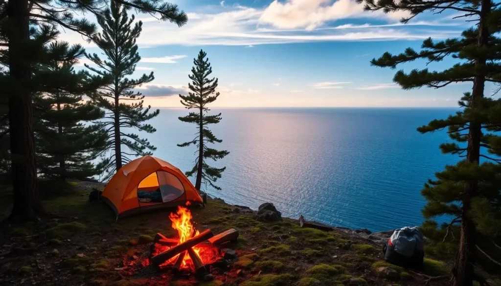 A serene campsite nestled along the rugged shores of Lake Superior, Wisconsin. A cozy tent sits amidst lush pine trees, their branches casting dappled shadows on the mossy ground. In the foreground, a crackling campfire invites hikers to gather and gaze out at the vast, shimmering lake, its deep blue waters reflecting the warm, golden light of the setting sun. Wispy clouds drift overhead, adding to the tranquil, outdoor atmosphere. The scene evokes a sense of peaceful solitude, perfect for those seeking a rejuvenating escape into nature.