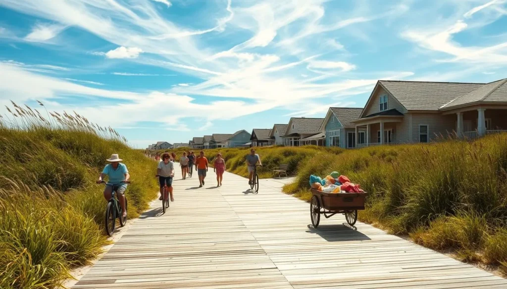 A serene car-free scene on Fire Island, New York. A wide, sun-dappled boardwalk winds through lush, verdant dunes, flanked by towering beach grasses. In the foreground, a group of people leisurely stroll or ride bicycles, baskets overflowing with supplies. In the middle ground, a family pulls a wagon piled high with gear, heading to the beach. The background is dotted with quaint, coastal cottages, their weathered shingles and wraparound porches evoking a bygone era. A clear blue sky overhead, with wispy clouds drifting lazily. Warm, golden sunlight bathes the entire scene, creating a tranquil, relaxed atmosphere. Capture the essence of a carefree, automobile-free day on this idyllic barrier island.