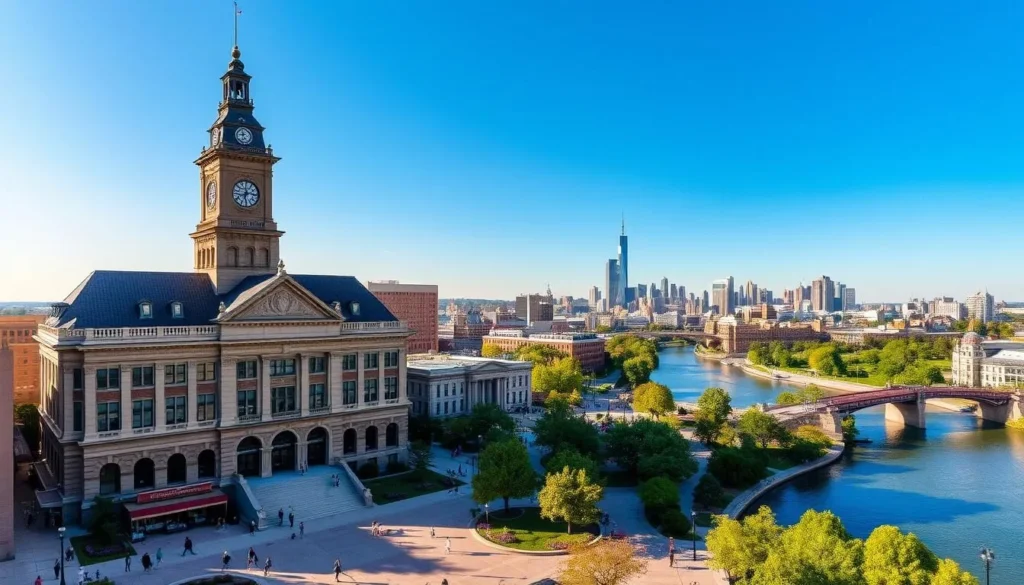 A serene cityscape of Fort Wayne, Indiana, bathed in warm afternoon sunlight. In the foreground, the iconic Allen County Courthouse stands tall, its intricate limestone façade and stately clock tower commanding attention. Surrounding it, a lively plaza bustles with pedestrians strolling and enjoying the vibrant local shops and cafes. In the middle ground, the majestic St. Joseph River winds its way through the city, its banks dotted with verdant trees and people relaxing by the water's edge. In the distance, the city's skyscrapers and historic buildings create a picturesque skyline, hinting at the rich cultural and architectural heritage of this charming Midwest city.