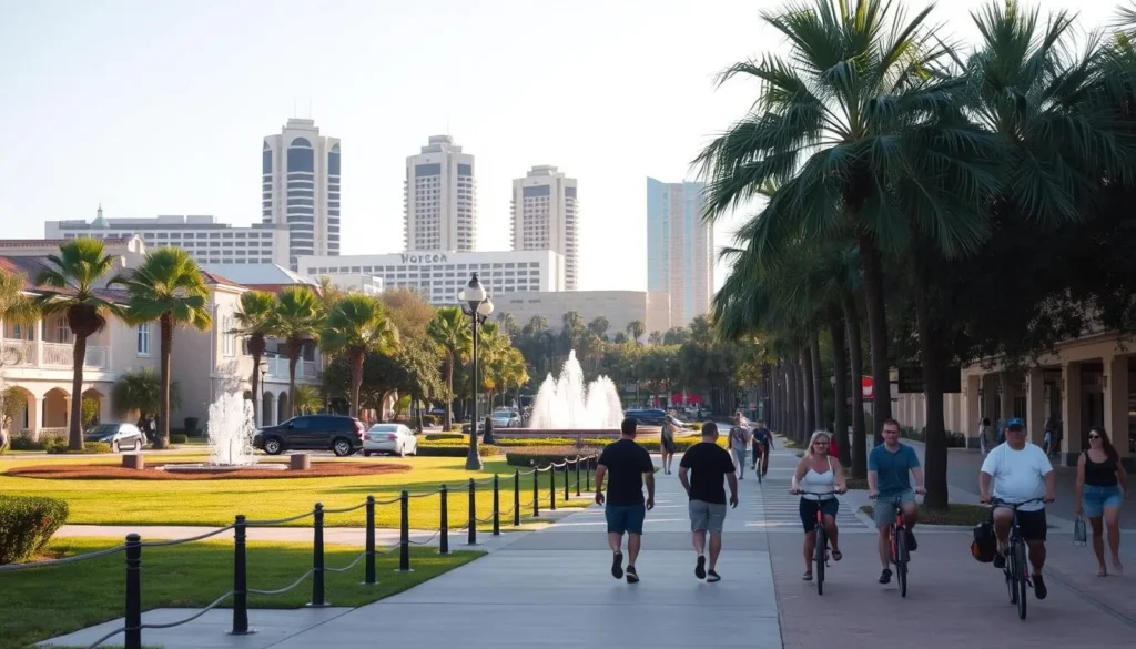 A serene cityscape of Kissimmee, Florida, on a sun-dappled afternoon. In the foreground, a group of tourists stroll along a palm-lined sidewalk, taking in the charming local architecture. In the middle ground, a well-maintained public park with lush greenery and a shimmering fountain. In the background, the iconic silhouettes of the city's skyscrapers and hotels, bathed in a warm, golden light. The scene exudes a sense of safety, with pedestrians and cyclists sharing the space harmoniously. The overall mood is one of relaxation and enjoyment, inviting viewers to imagine themselves exploring the vibrant, welcoming streets of Kissimmee.