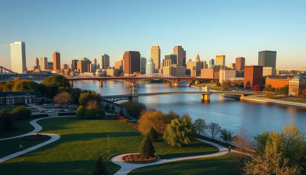 A serene cityscape of Louisville, Kentucky, showcasing its charming blend of historic architecture and modern skyscrapers. Capture the iconic Louisville Waterfront Park in the foreground, with its lush greenery and winding pathways. In the middle ground, depict the graceful bridges spanning the Ohio River, creating a picturesque connection between the city and its natural surroundings. In the background, the striking silhouettes of the downtown skyscrapers, bathed in warm, golden sunlight, create a stunning skyline. Utilize a wide-angle lens to encompass the breadth of the scene, and employ natural lighting to accentuate the city's vibrant colors and inviting atmosphere, conveying the charm and allure of Louisville.