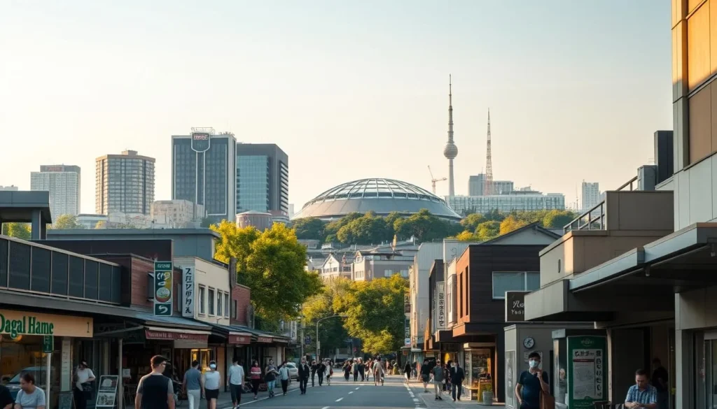 A serene cityscape of Toshima-ku, Tokyo's vibrant northern ward, bathed in warm afternoon sunlight. In the foreground, pedestrians stroll along a bustling street lined with quaint shops and cafes. The middle ground features a mix of modern high-rises and historic buildings, conveying the area's dynamic blend of old and new. In the background, the iconic Tokyo Dome and lush greenery of nearby parks create a visually captivating skyline. The scene exudes an atmosphere of urban charm and tranquility, inviting the viewer to explore Toshima-ku's hidden gems.