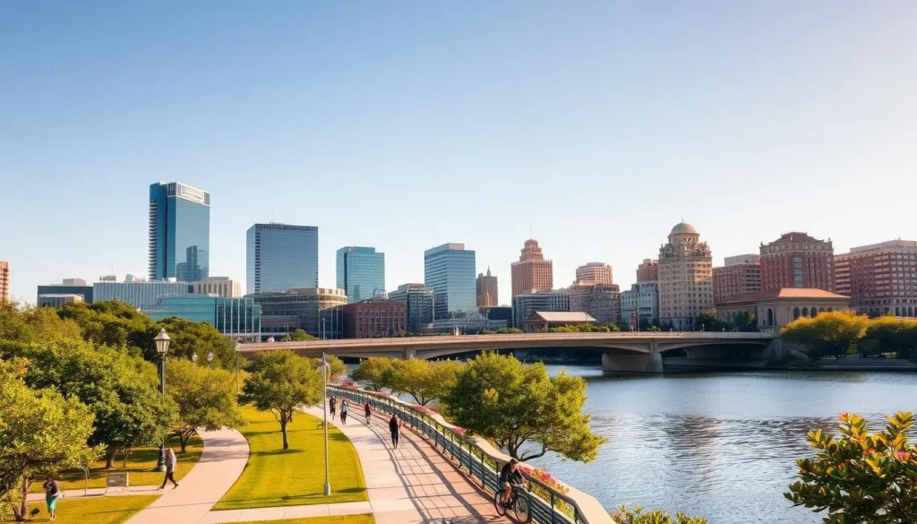 A serene cityscape of downtown Austin, Texas, with the iconic Congress Avenue Bridge spanning the glistening waters of Lady Bird Lake. Towering skyscrapers and historic buildings bathed in warm, golden light create a harmonious skyline. In the foreground, lush greenery and vibrant blooms adorn the lakefront promenade, inviting leisurely strolls. Pedestrians and cyclists traverse the scenic pathways, capturing the city's unique charm and laidback atmosphere. A wide-angle lens captures the breathtaking panorama, showcasing Austin's remarkable blend of modern and traditional architecture against a clear, azure sky.