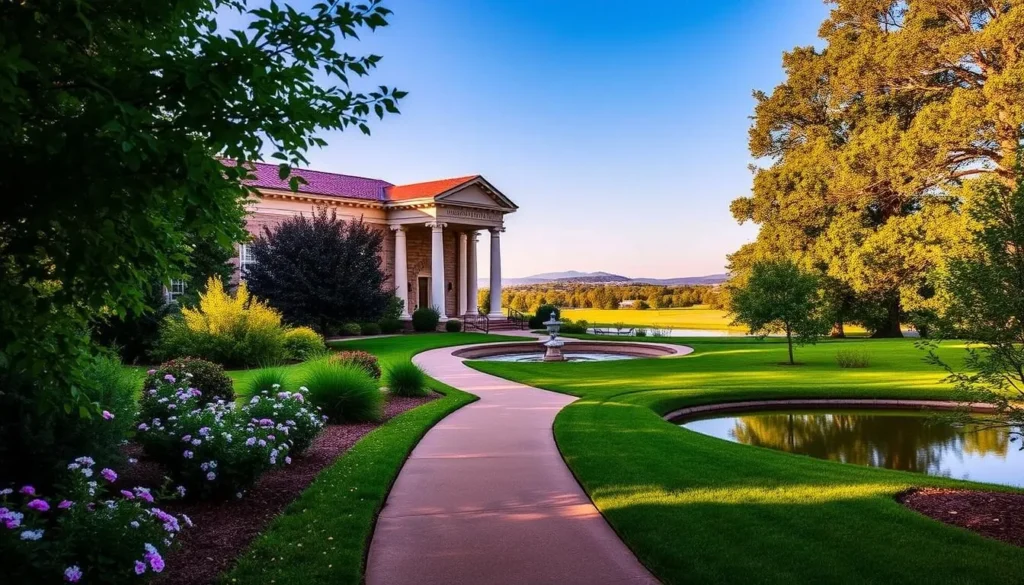 A serene, classical facade of the Reynolds Museum Education Center, nestled amid verdant foliage and a picturesque pond. The building's elegant columns and warm-toned stone exterior are illuminated by soft, natural lighting, casting gentle shadows across the well-manicured grounds. In the foreground, a path leads visitors towards the inviting main entrance, framed by blooming flowers and trees. The middle ground showcases the center's expansive lawns and tranquil water feature, creating a peaceful, contemplative atmosphere. The background gently fades into a picturesque, blue-sky horizon, heightening the sense of harmony and timelessness.